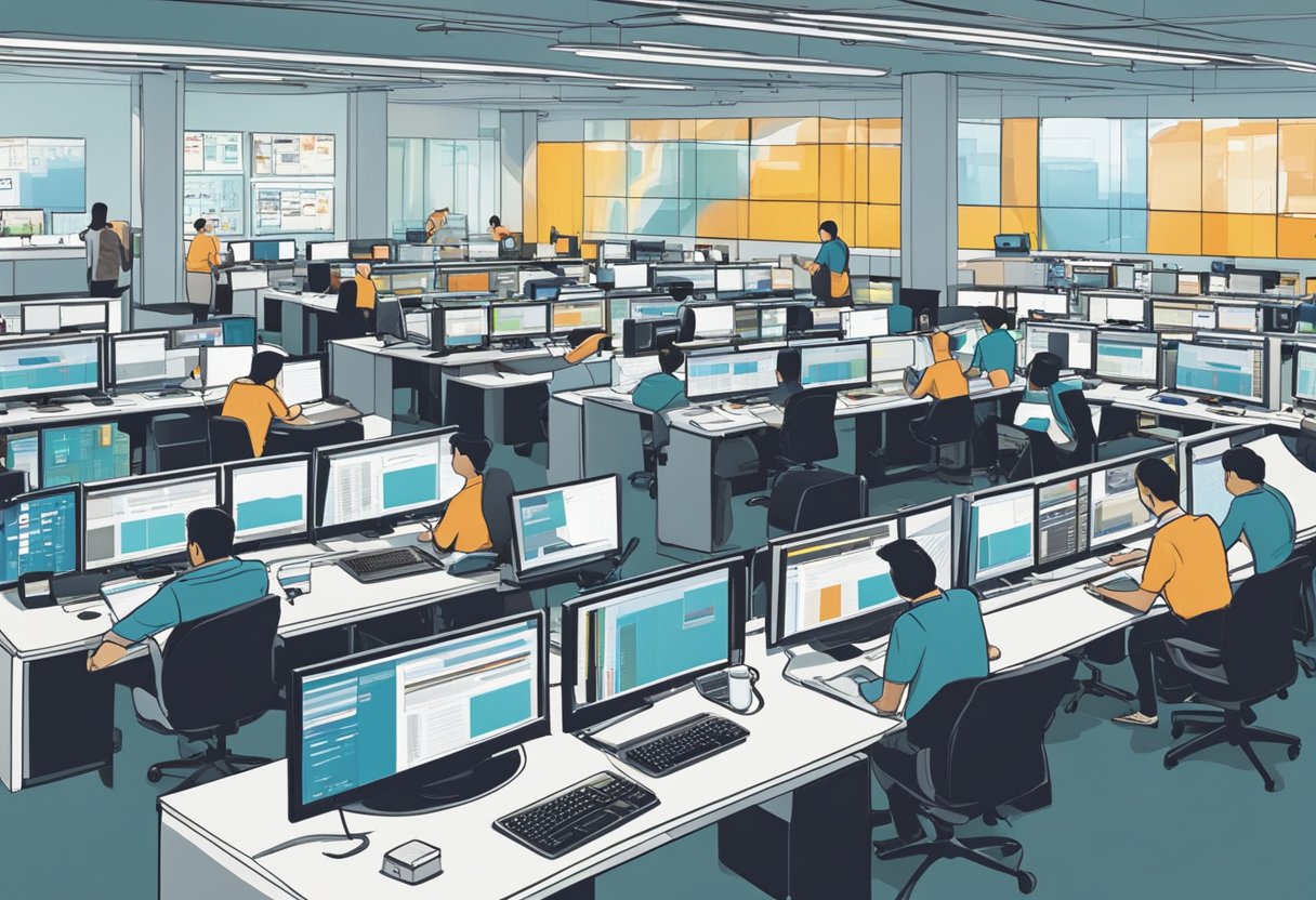 The bustling newsroom at Media Operations and Innovations, Singapore Press Holdings. Brightly lit screens and busy journalists working on stories