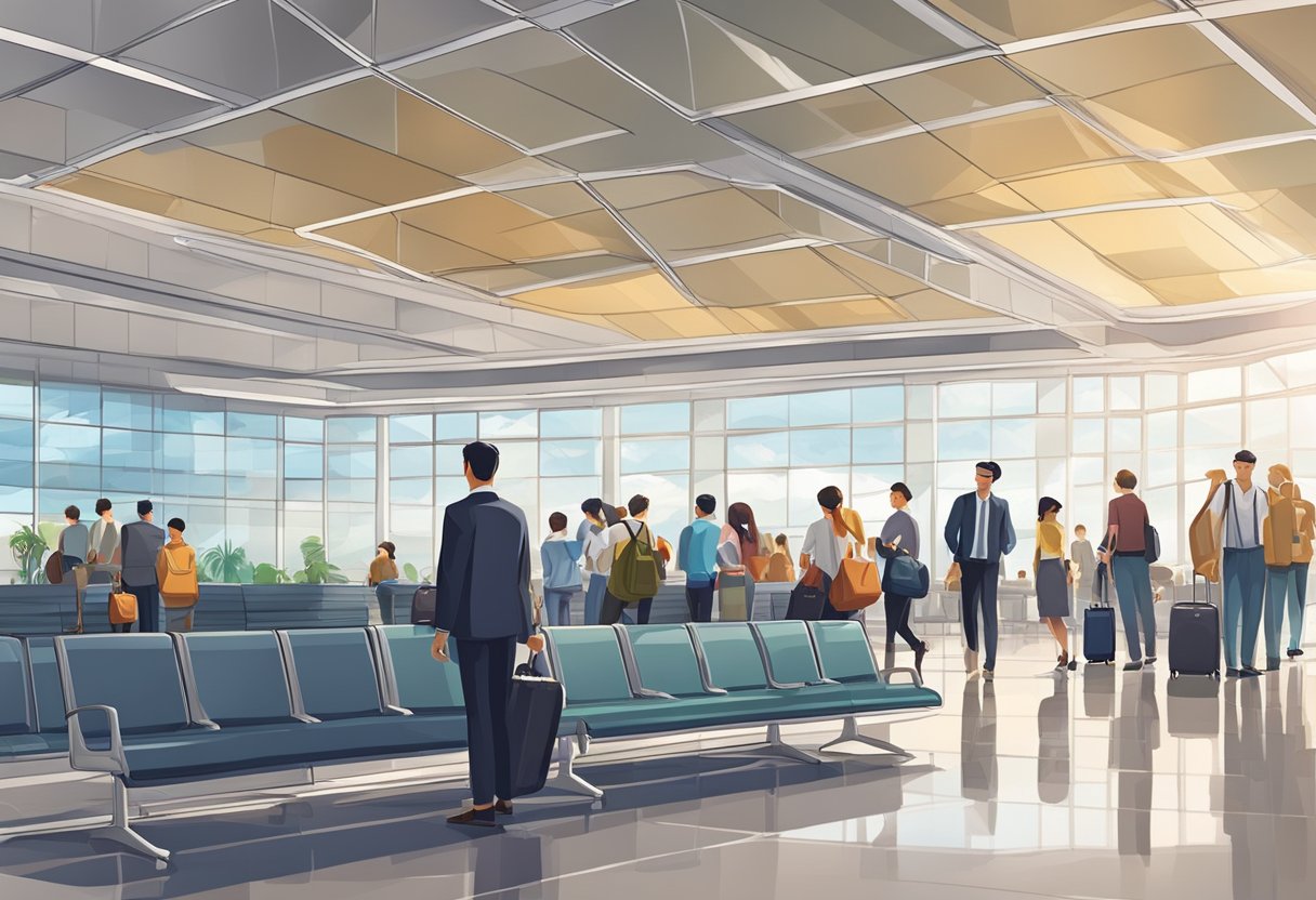 Passengers wait in a modern airport terminal. A sleek airplane sits on the tarmac. Inside, comfortable seats and attentive staff provide a pleasant journey from Singapore to Manila