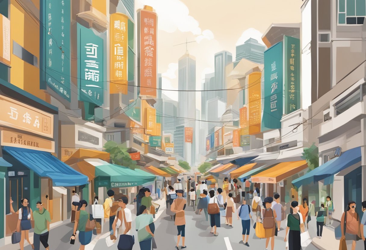 A bustling Singapore street with diverse signage in multiple languages, reflecting the city's rich historical and cultural influences on language