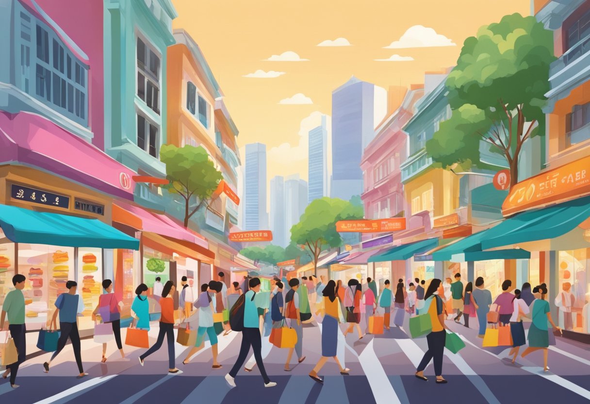 People rush through bustling Singapore streets, clutching shopping bags filled with incredible deals. Brightly lit storefronts and colorful signs beckon shoppers to explore the best shopping deals in the city