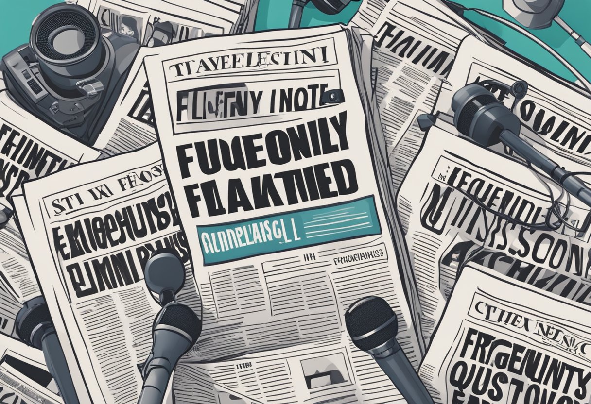 A stack of newspapers with "Frequently Asked Questions" headline, surrounded by microphones and cameras