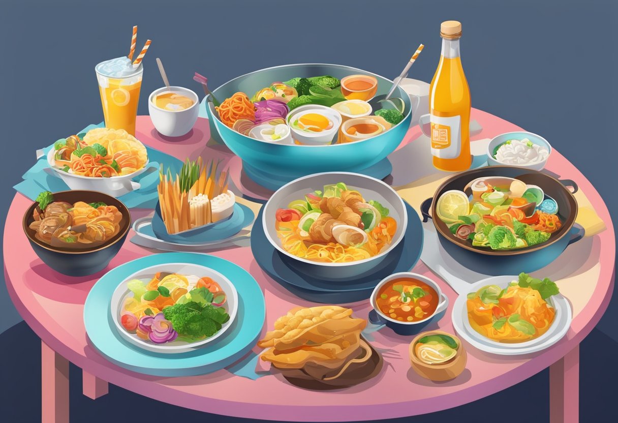 A table set with various dishes and drinks, surrounded by colorful signs advertising dining and food offers in Singapore