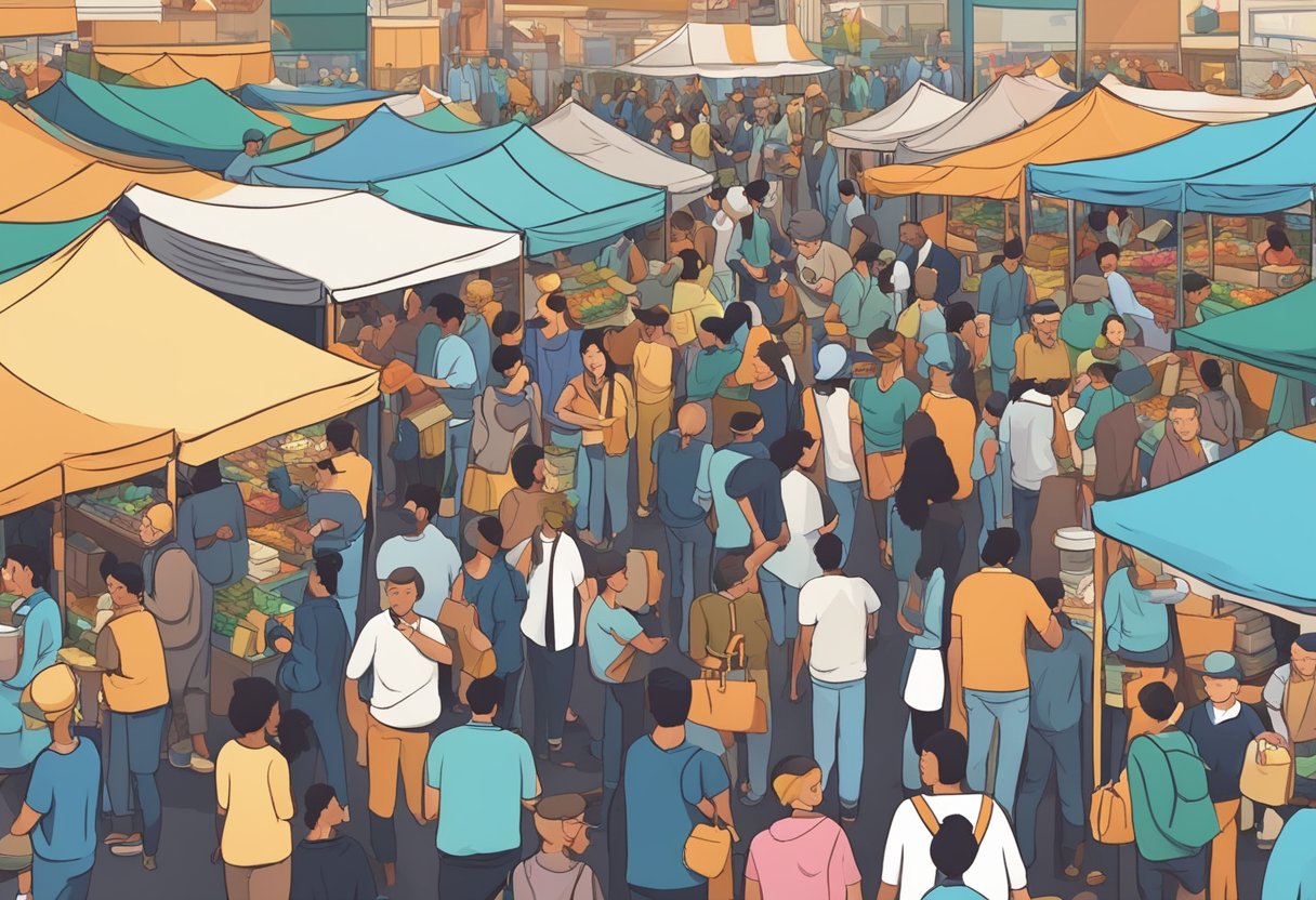 A crowded marketplace with various vendors offering deals, surrounded by curious customers asking questions