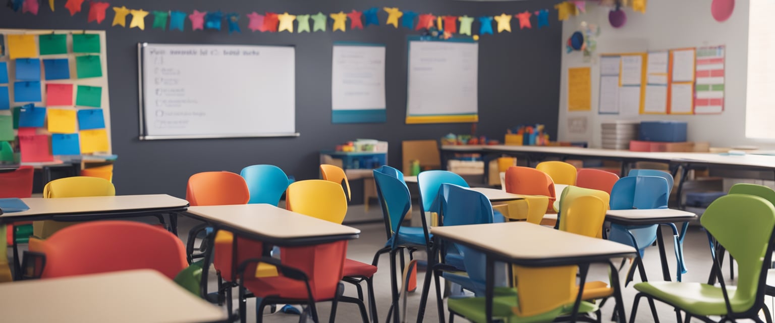 A classroom with colorful decorations, small chairs, and a whiteboard with "Dia do Soldado" lesson plan written on it