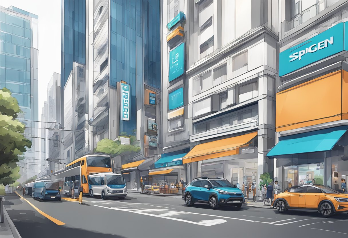 A modern cityscape with iconic architecture and bustling streets, featuring the Spigen Singapore storefront with sleek, minimalist design