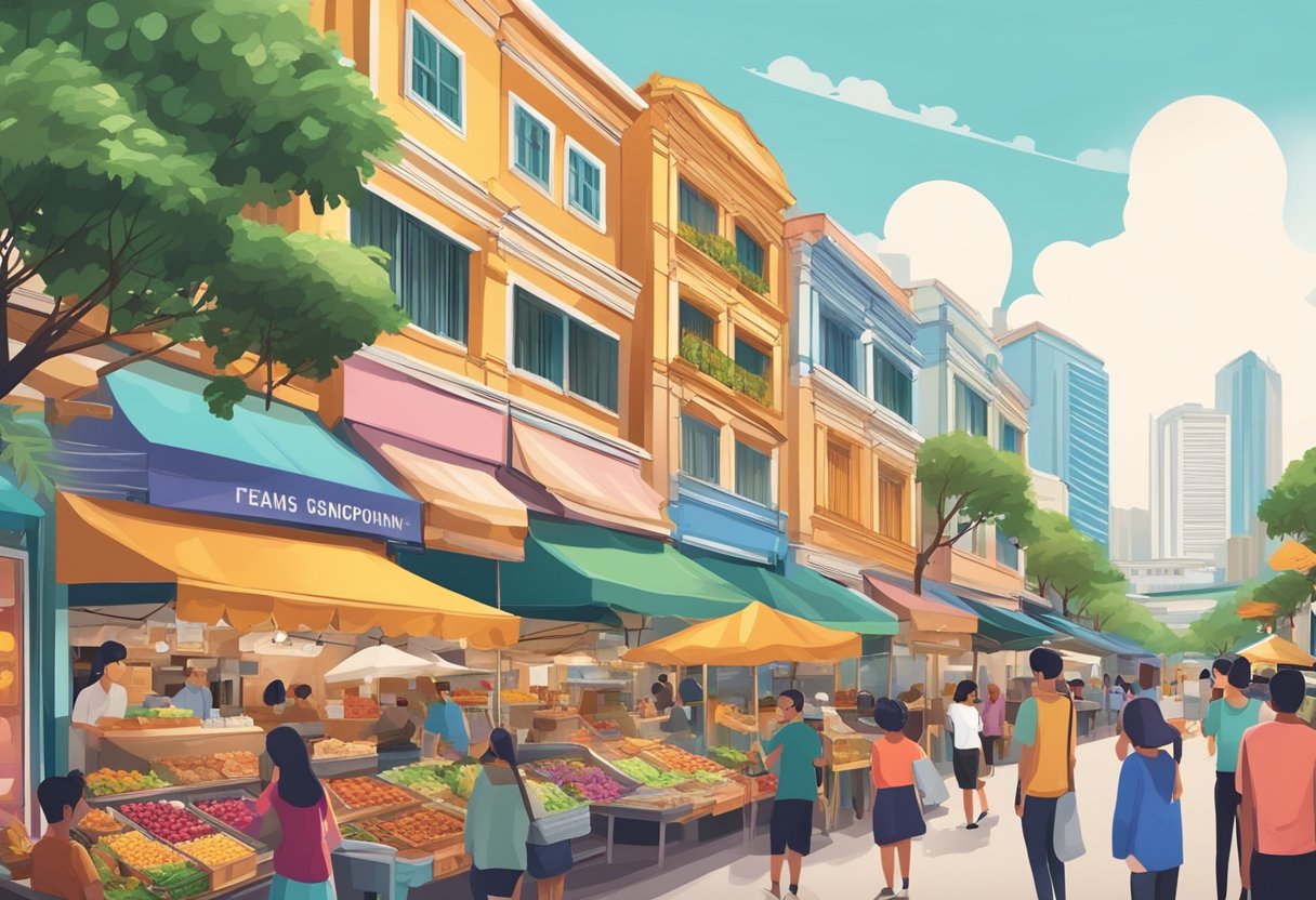 People enjoying street food, shopping at colorful markets, and exploring the iconic skyline of Singapore