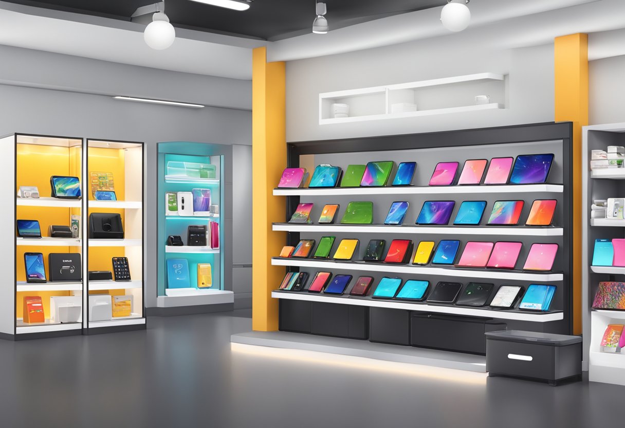 A table displays various phone cases and accessories. Shelves hold screen protectors and chargers. The store logo is prominently featured