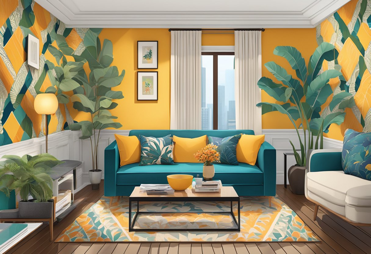 Vibrant wallpaper adorns a Singaporean living room, featuring bold patterns and colors inspired by the city's rich cultural heritage