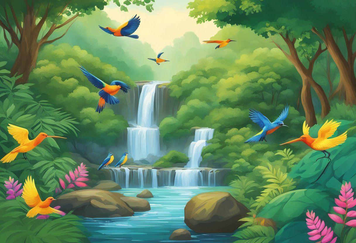 Lush greenery surrounds a serene waterfall, as colorful birds flutter overhead. A winding trail leads through vibrant foliage, with glimpses of exotic wildlife