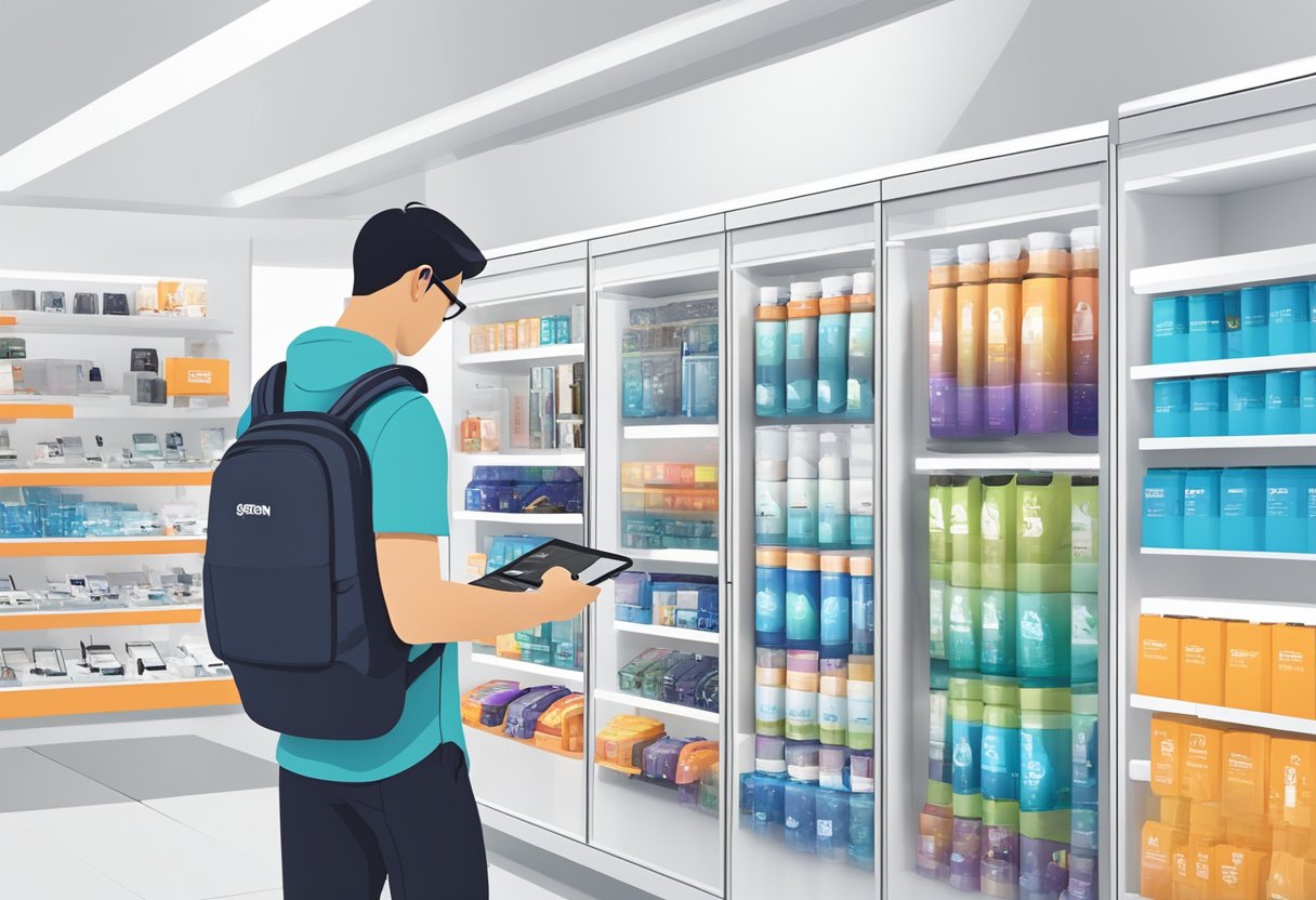 A customer browsing through a variety of Spigen products in a well-lit and organized store in Singapore. Displays are neatly arranged with clear signage for easy navigation