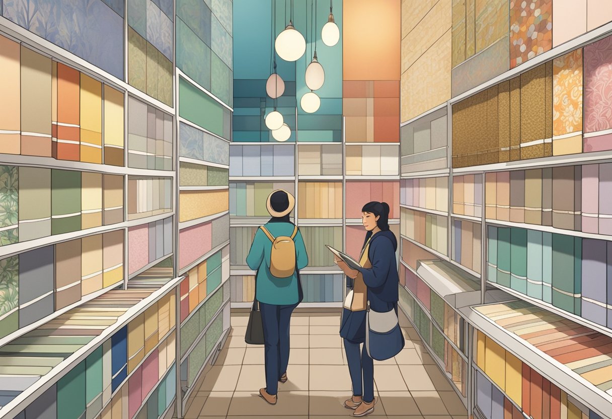 A person browsing through a variety of colorful and patterned wallpaper samples in a Singaporean wallpaper store