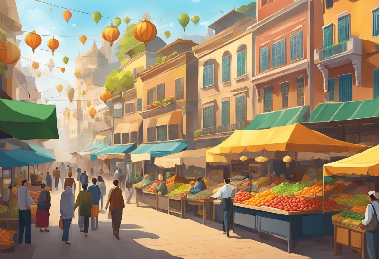 Bustling street market with colorful traditional buildings and iconic landmarks in the background