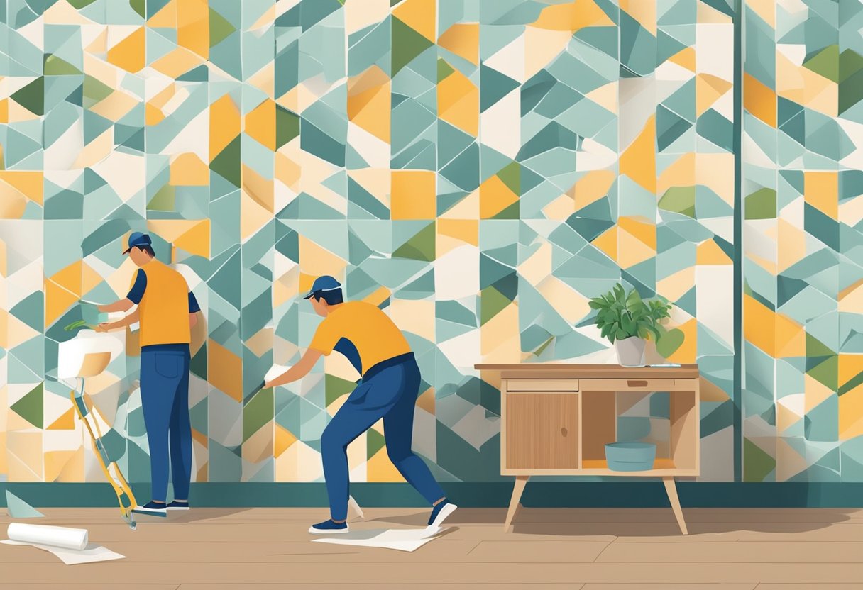 A person is installing wallpaper in a Singaporean home, smoothing out the adhesive and ensuring a seamless application