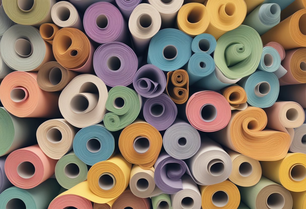 A stack of colorful wallpaper rolls with "Frequently Asked Questions" printed on them, displayed in a Singaporean home decor store