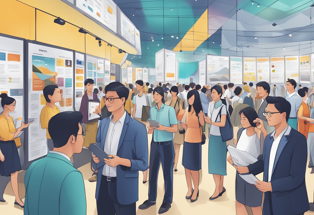 People interacting with information boards at a busy event in Singapore