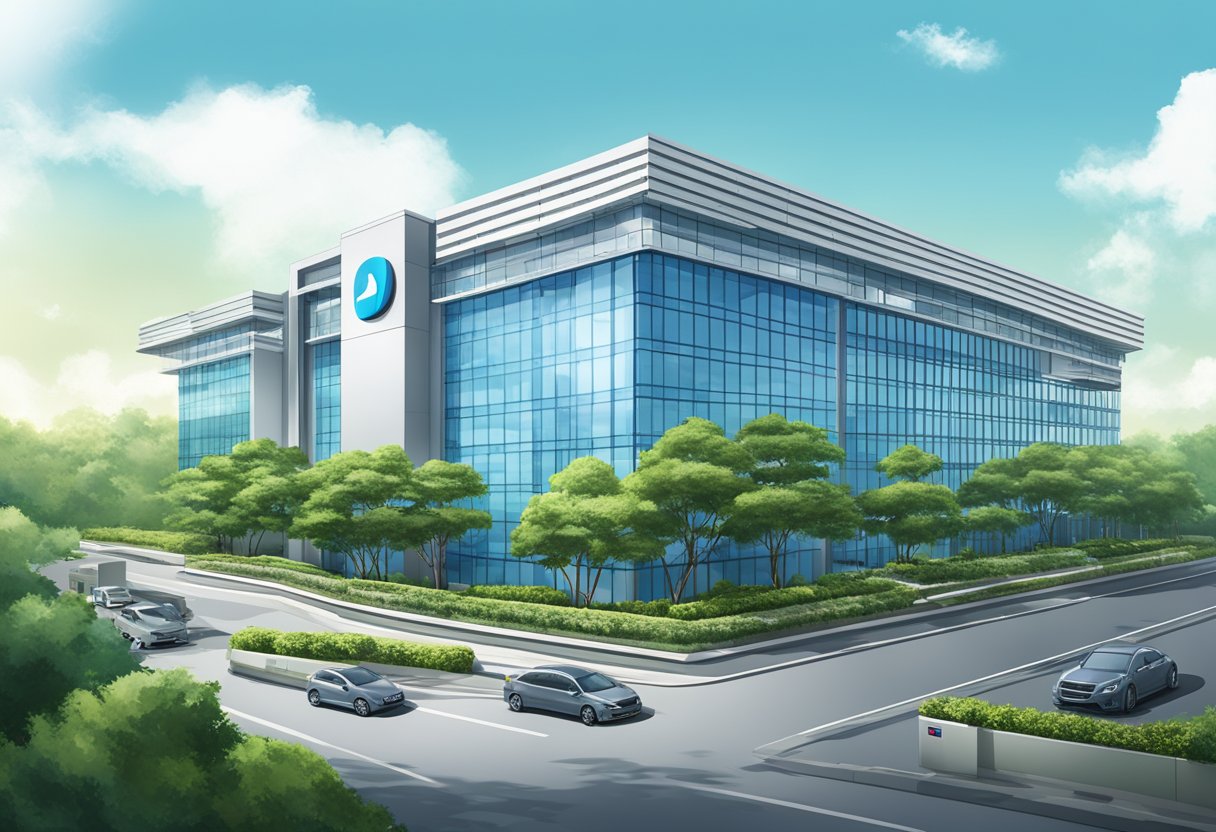 A modern office building in Singapore with the Daikin logo prominently displayed on the exterior. Surrounding greenery and a clear blue sky complete the scene