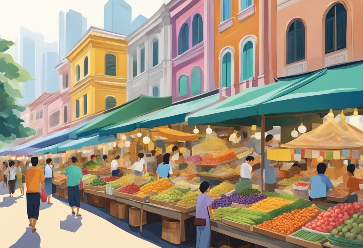 A bustling street market in Singapore, with colorful stalls, exotic fruits, and vibrant textiles. The aroma of sizzling street food fills the air as locals and tourists weave through the lively crowd