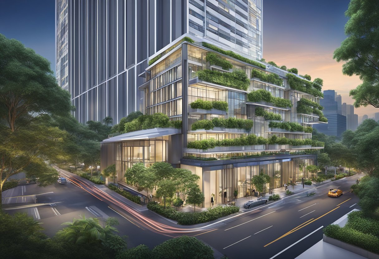 The Butternut Tree Hotel in Singapore stands tall amidst a bustling cityscape, with its sleek, modern architecture and lush greenery surrounding the building