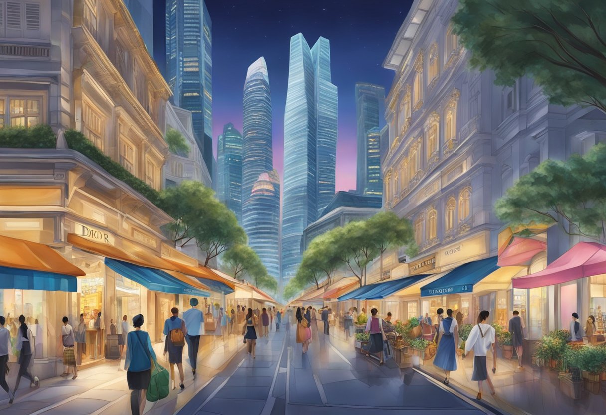 A bustling street in Singapore, with the iconic Christian Dior storefront standing tall and elegant, surrounded by vibrant city lights and a mix of modern and traditional architecture
