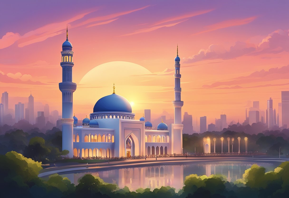 A serene mosque with a minaret set against the backdrop of a vibrant sunset, indicating the time for Asar prayer in Singapore