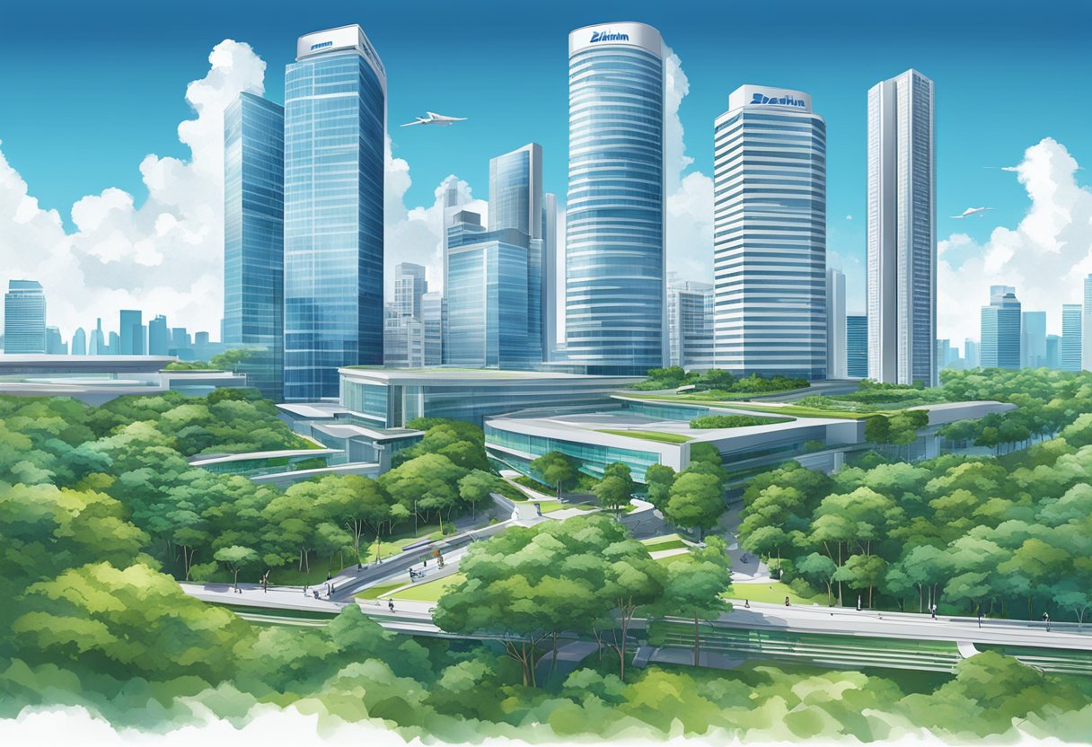 A modern city skyline with the Daikin Singapore headquarters standing tall against a backdrop of clear blue skies and lush greenery