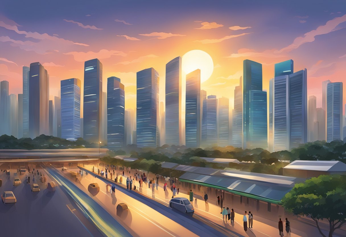 The sun sets behind the city skyline, casting a warm glow over the urban landscape. The call to prayer echoes through the air as people gather to observe Asar in Singapore