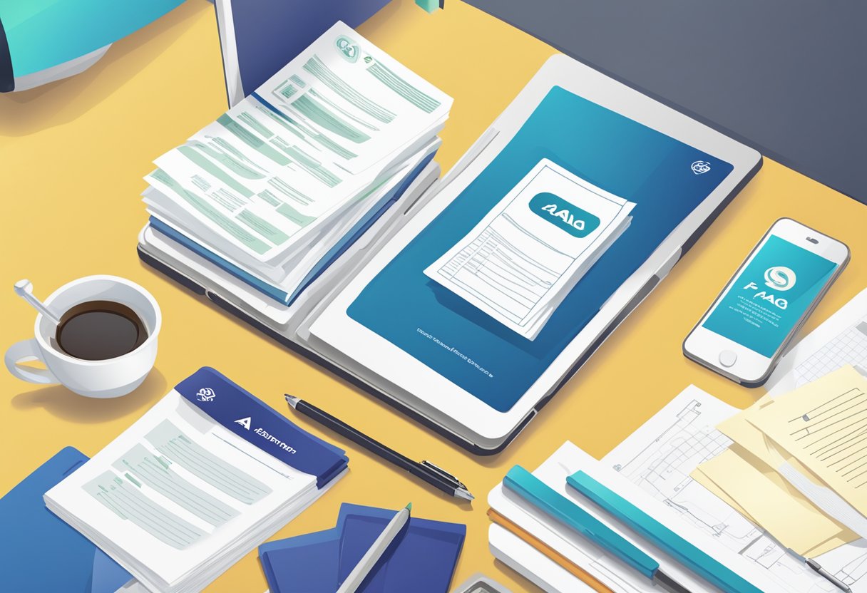 A stack of FAQ sheets with the "asar singapore" logo, surrounded by a computer, phone, and pen