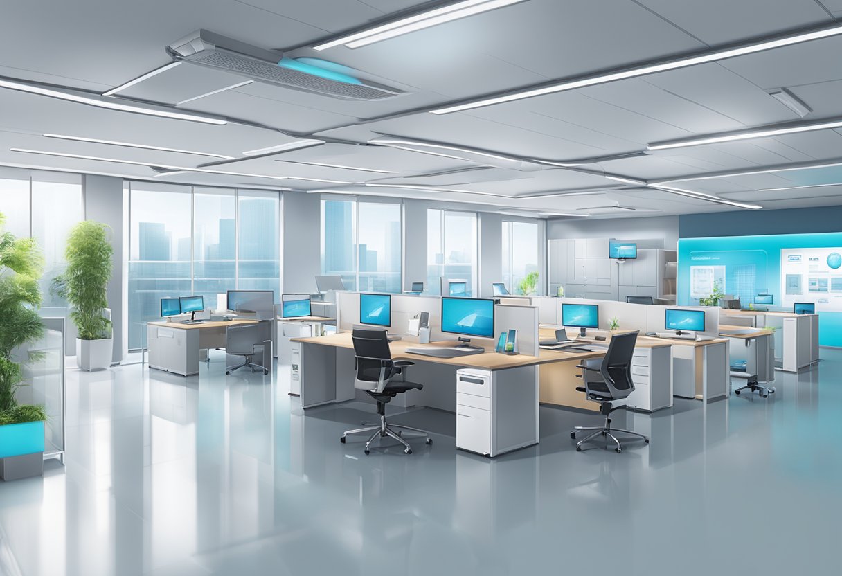 A modern office setting with various Daikin Singapore products on display, including air conditioning units, air purifiers, and smart home devices. The space is well-lit and showcases the latest technological advancements in the industry