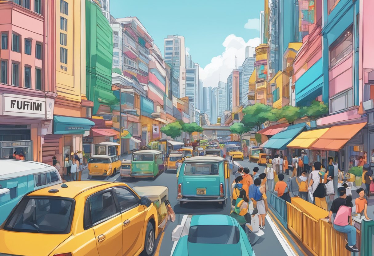 A bustling street in Singapore with the iconic Fujifilm sign prominently displayed against a backdrop of colorful buildings and bustling activity