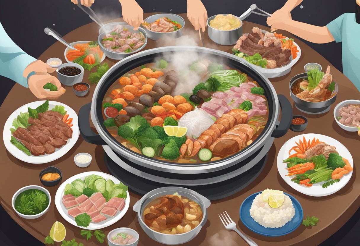 A table set with a steaming halal steamboat in Singapore, filled with a variety of fresh meats, seafood, and vegetables, surrounded by eager diners