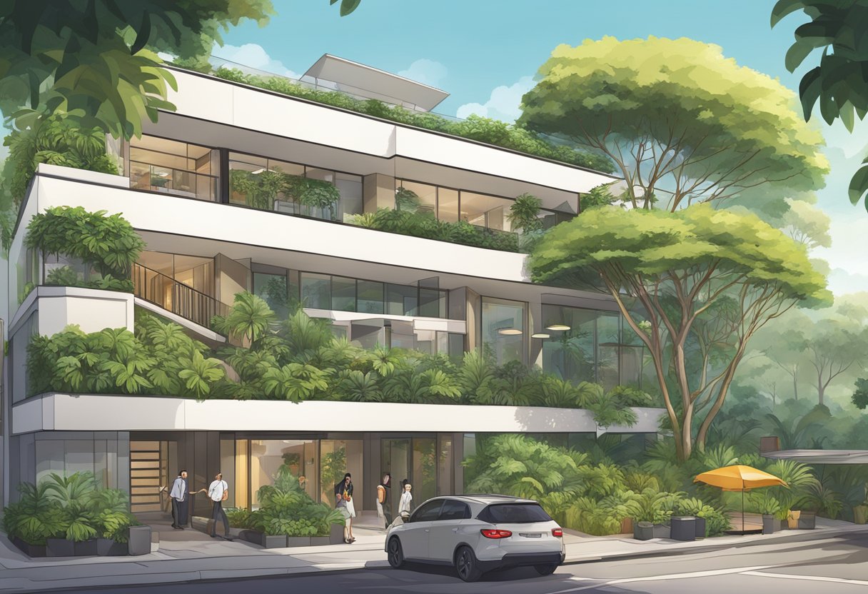 The Butternut Tree Hotel in Singapore, with a sign displaying "Frequently Asked Questions," surrounded by lush greenery and a modern, sleek building in the background