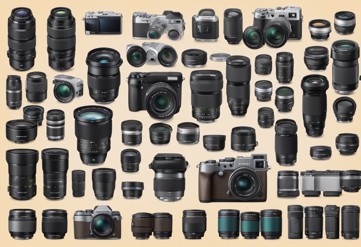 A display of Fujifilm cameras, lenses, and accessories with clear labels and vibrant colors