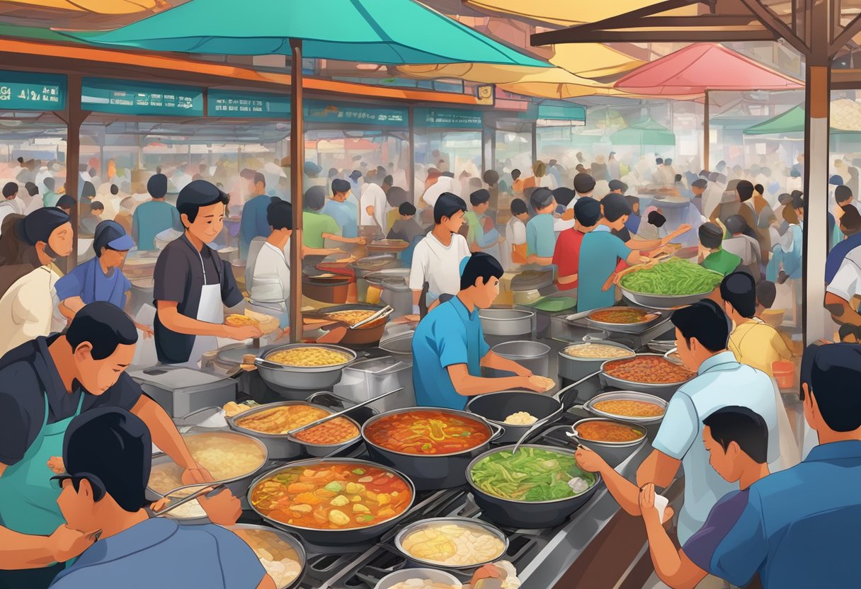 A bustling hawker center with colorful steamboat setups, sizzling and bubbling with a variety of halal ingredients, surrounded by eager diners