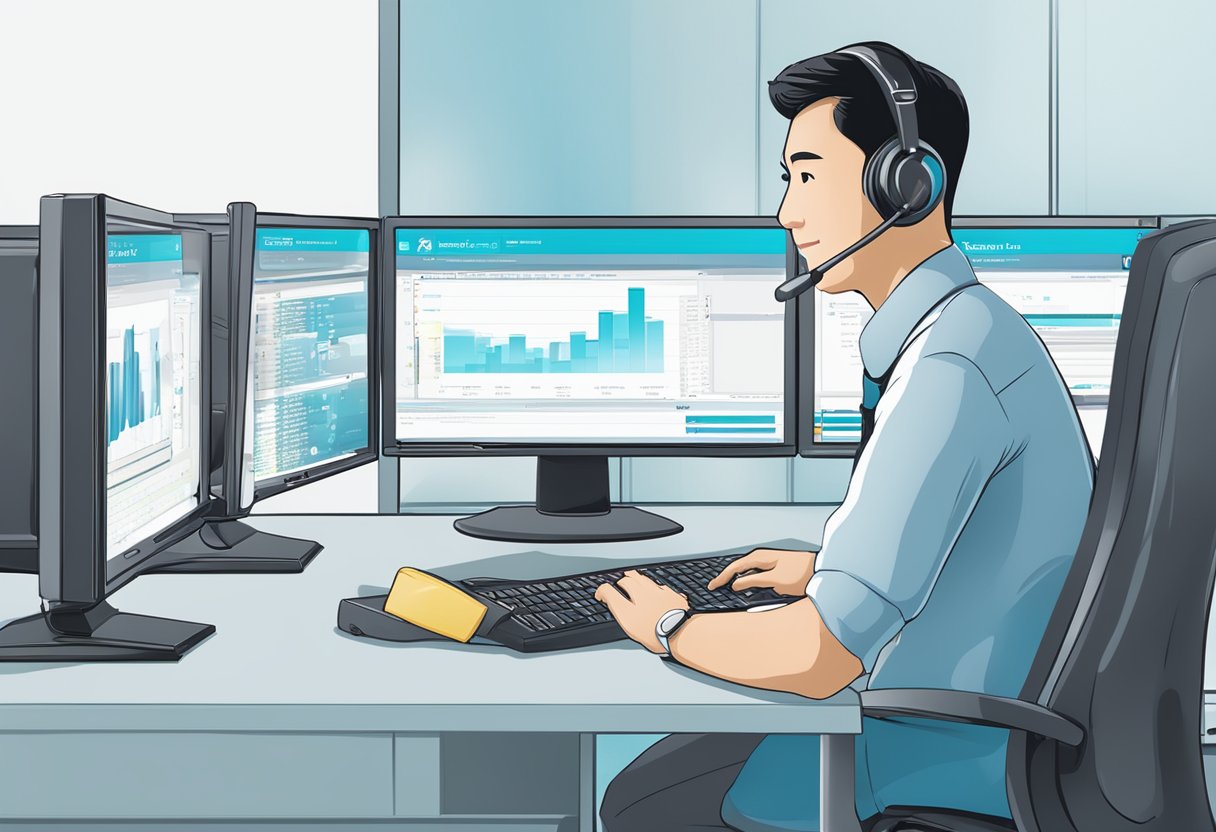 A customer service representative answering questions on a computer screen with the Daikin Singapore logo in the background