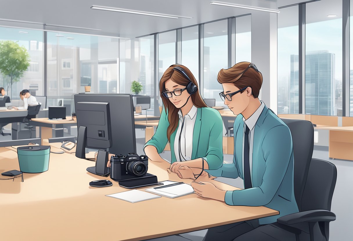 A customer service representative assists a user with a Fujifilm camera, surrounded by a clean and modern office environment