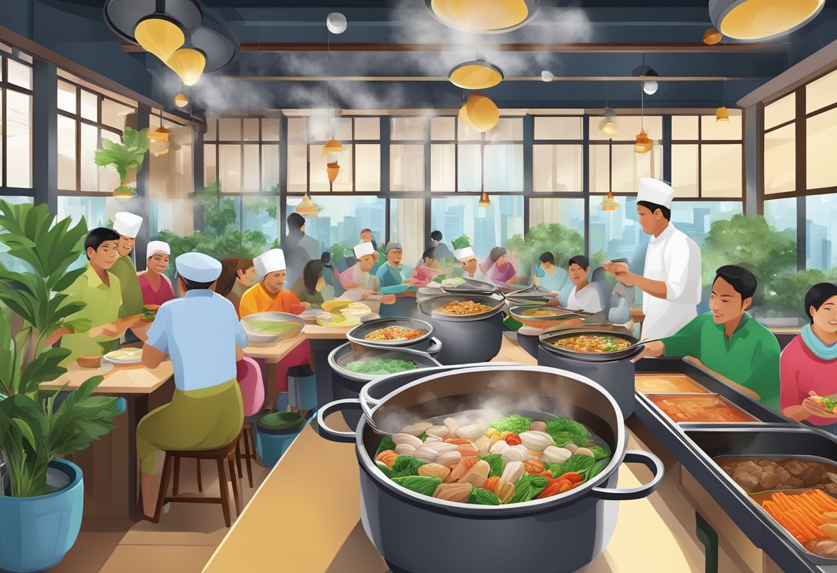A bustling halal steamboat restaurant in Singapore with colorful ingredients, steaming hot pots, and a lively atmosphere