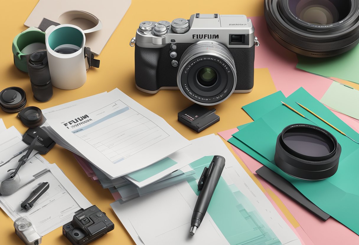 A stack of FAQ papers with the Fujifilm logo, surrounded by a camera, lens, and photography accessories