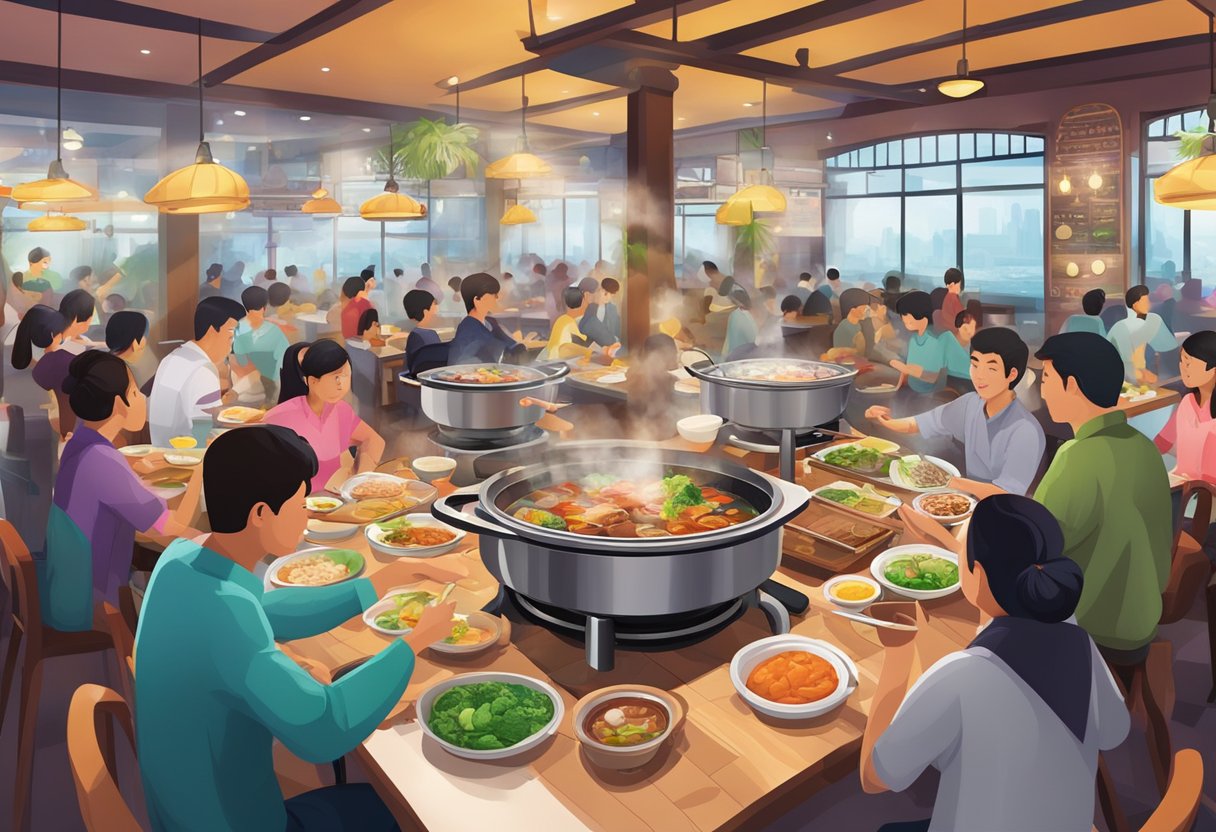 A bustling halal steamboat restaurant in Singapore, with colorful ingredients and steaming hot pots on each table. Customers enjoy the interactive dining experience