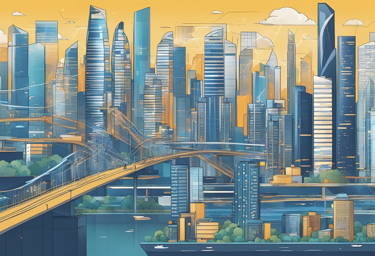 A bustling city skyline with modern office buildings and a network of interconnected data streams, representing the impact and considerations of ERP in Singapore