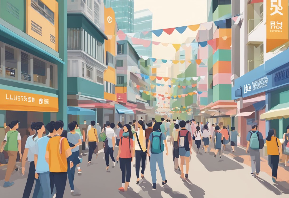 A bustling Singapore street with IELTS signage on a language center, students entering, and a diverse crowd passing by