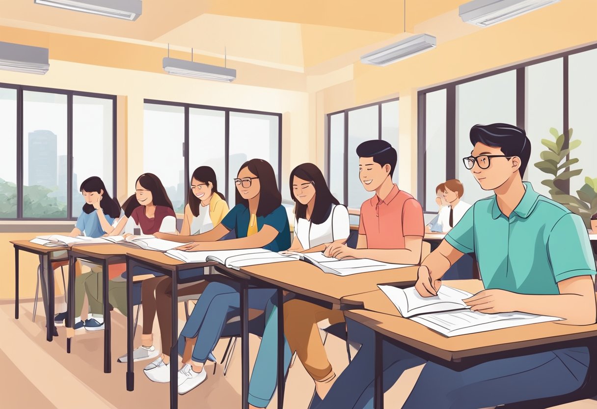 An IELTS study group in Singapore, with students discussing and practicing for the exam in a classroom setting
