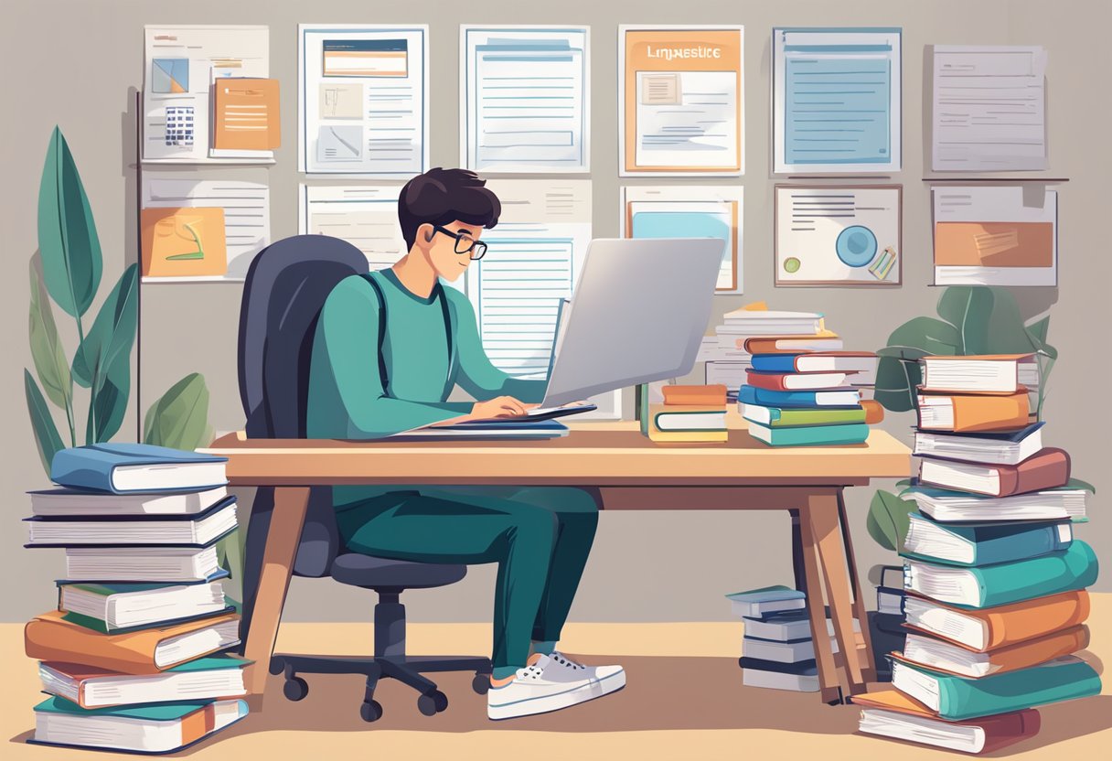 A student sitting at a desk with IELTS study materials and a laptop, surrounded by language reference books and a registration form for the exam