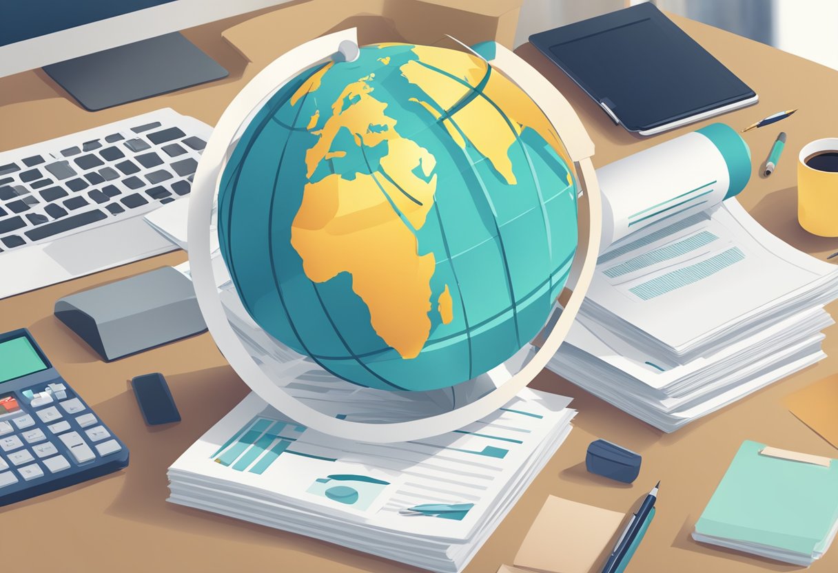 A stack of papers with "Frequently Asked Questions" printed on top, surrounded by a globe, a pen, and a laptop