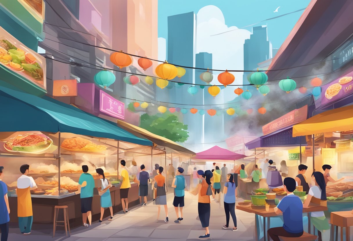Vibrant street food stall in Singapore, with colorful signage and steaming woks, surrounded by eager customers and bustling energy