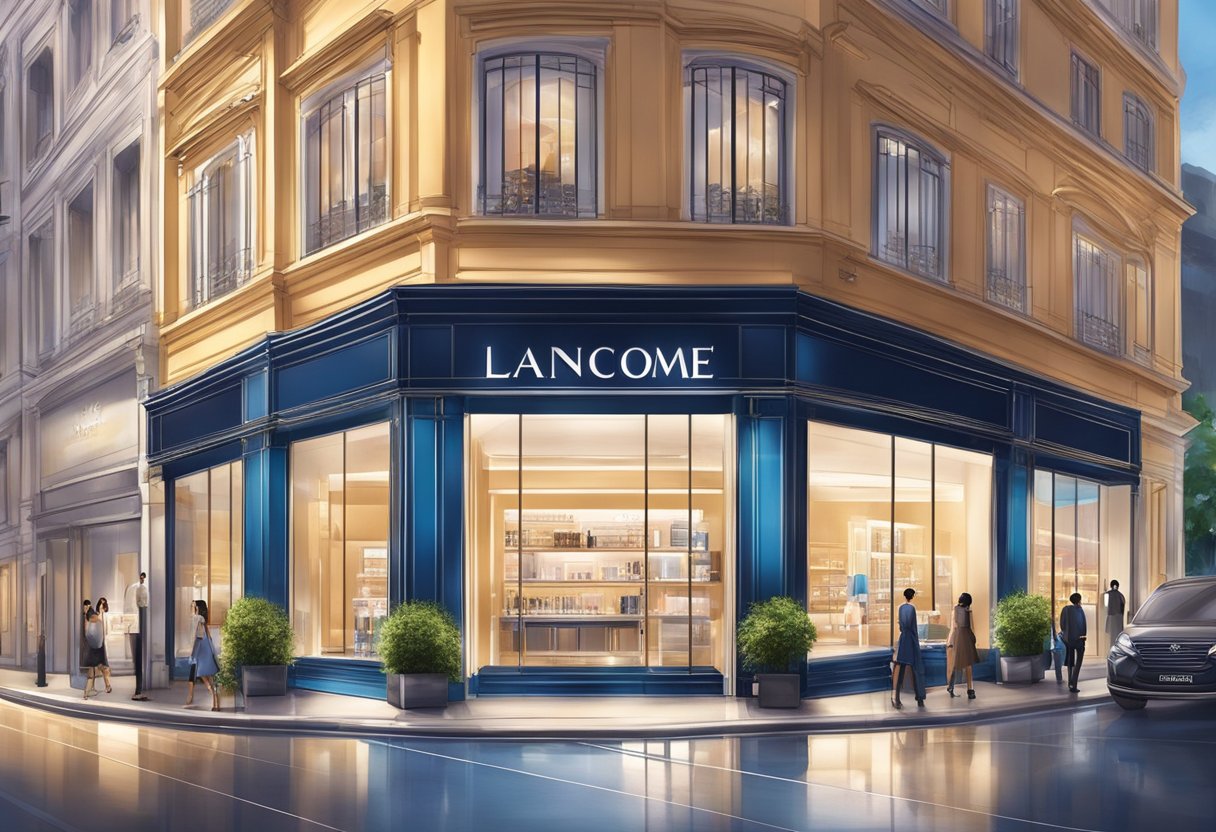 Lancome Singapore: A modern storefront with sleek, glass windows and a bold, illuminated sign. Surrounding buildings reflect in the polished facade