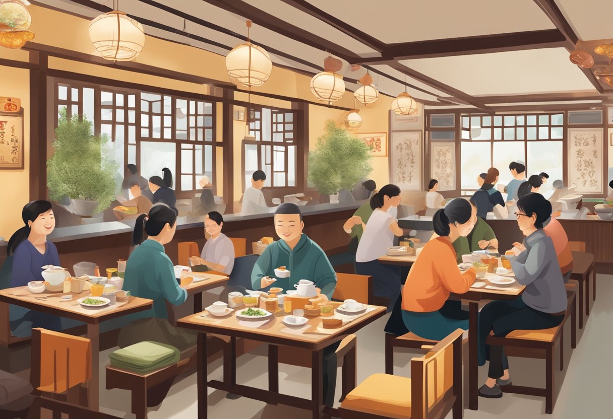 Customers savoring diverse dishes at Jing Hua Xiao Chi's bustling restaurant, with steaming dumplings and fragrant teas on every table
