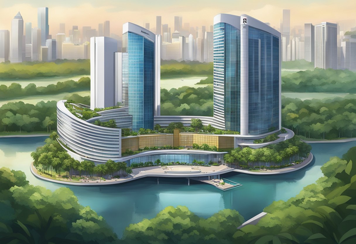 The Marriott Hotel in Singapore stands tall against the city skyline, with its modern architecture and sleek design. The building is surrounded by lush greenery and a bustling cityscape, showcasing the vibrant energy of the urban environment