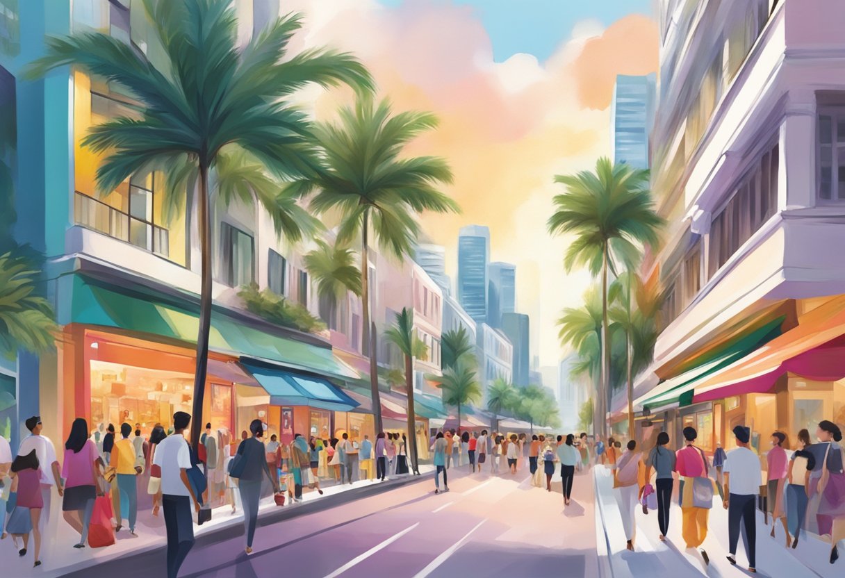 A vibrant street in Singapore, with colorful Lancôme storefront and bustling crowds. Tall buildings and palm trees line the street, creating a dynamic urban atmosphere