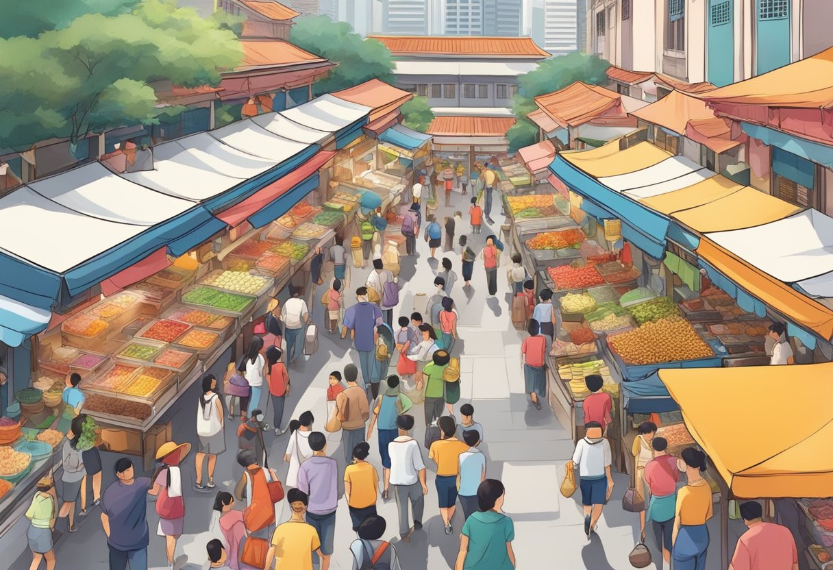 A bustling street market with colorful food stalls and lively customers at Jing Hua Xiao Chi in Singapore