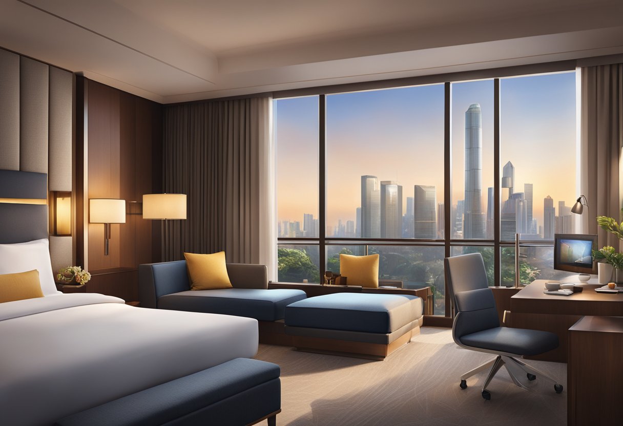 A cozy hotel room at the Marriott Singapore, with a plush bed, fluffy pillows, and a view of the city skyline